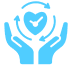 Blue hands holding a heart with a checkmark inside.