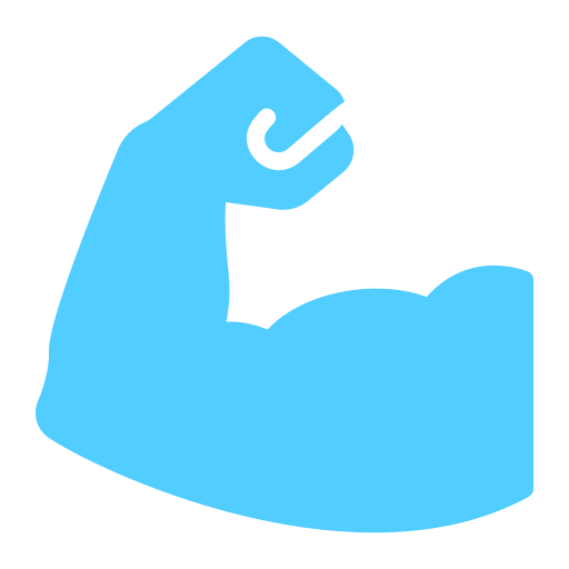 Blue icon of a flexed bicep muscle showing strength.