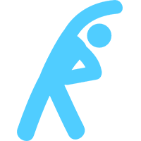 Blue icon of a person stretching.
