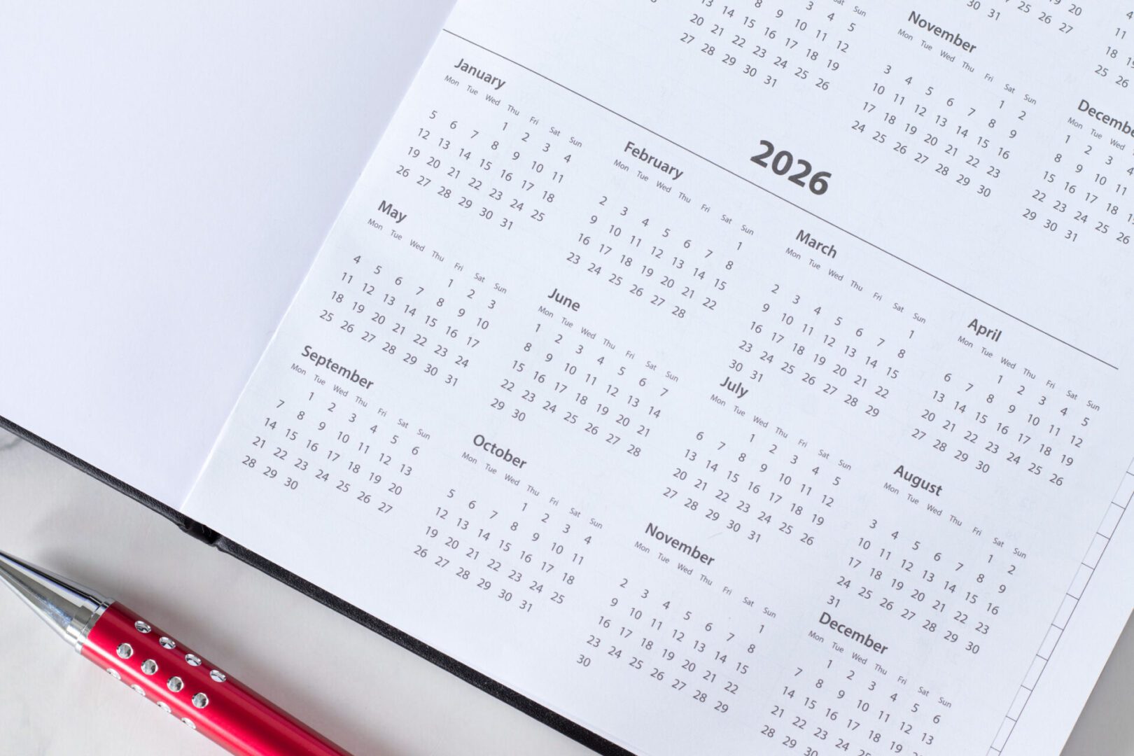 A close-up of a 2026 calendar page showing all months.