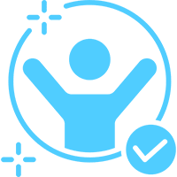 Blue icon of a person with raised arms and a checkmark.