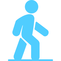 Blue walking person icon on a white background.