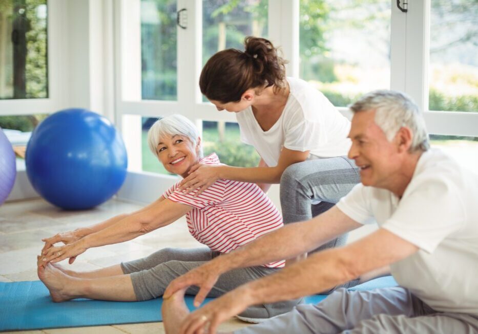 Elderly couple doing yoga exercises